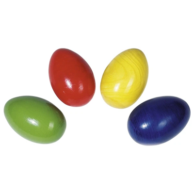 Four colorful wooden eggs on a white background