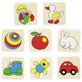 Set of wooden blocks with colorful illustrations of a girl, duck, ball, apple, rabbit, shoe, sun, and car on a white background.