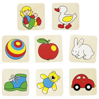 Set of wooden blocks with colorful illustrations of a girl, duck, ball, apple, rabbit, shoe, sun, and car on a white background.