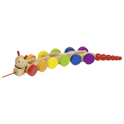 Colorful wooden toy caterpillar on a white background