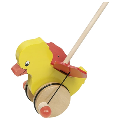 Yellow duck-shaped pull toy with a red beak on a white background