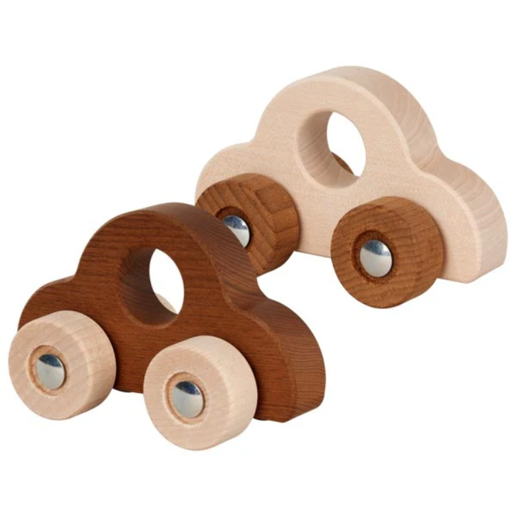Two wooden toy cars with different wood finishes on a white background