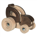 Wooden toy tractor with brown and beige colors on a white background
