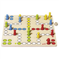 Colorful board game with pieces and a die on a white background