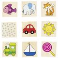 Set of wooden stamps with various animal and object designs on a white background