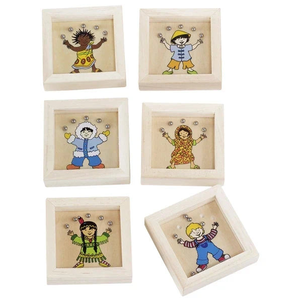 Set of six small wooden frames with colorful illustrations of children on a white background