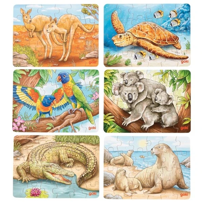 Set of six animal-themed children's puzzles with illustrations of a kangaroo, turtle, parrot, koala, crocodile, and platypus.