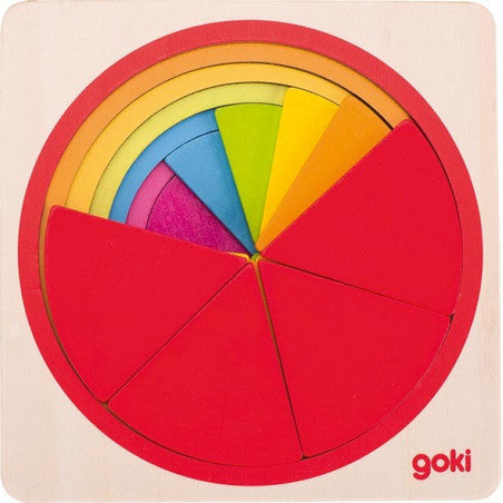 Colorful circular puzzle with wooden frame and goki branding