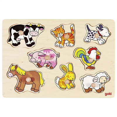 Wooden puzzle with farm animal figures on a white background