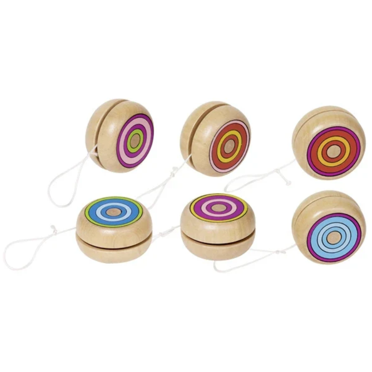 Set of six wooden yoyos with colorful circular patterns on a white background