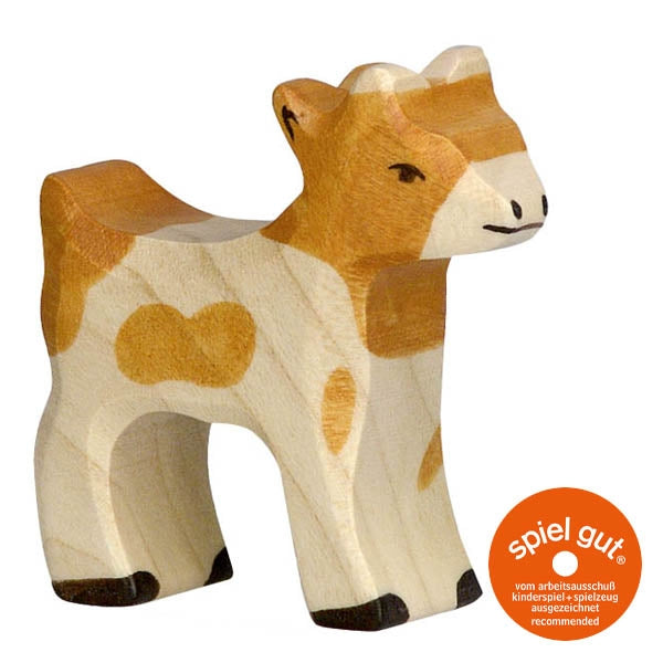 Wooden goatling toy with 'spiel gut' logo on a white background