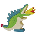 Colorful toy alligator with a blue background