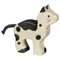 Wooden cat figurine with black spots on a white background