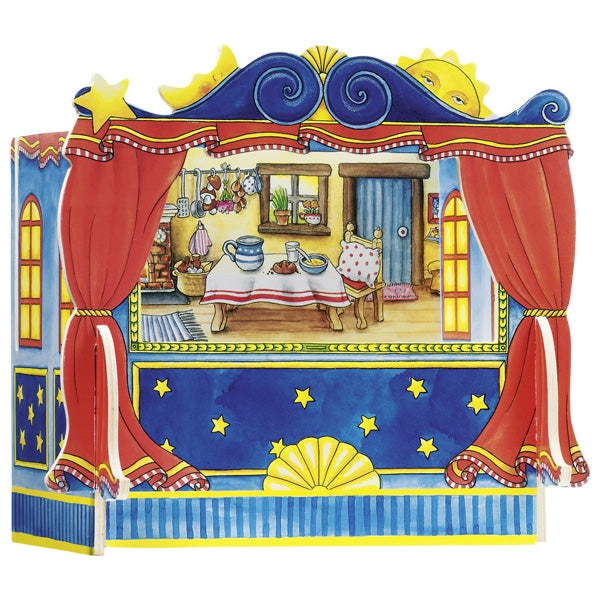 Colorful puppet theater with a stage set scene inside