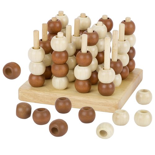 Wooden bead stacking game on a white background