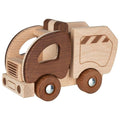 Wooden toy truck with brown and beige colors on a white background