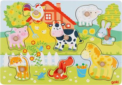 Children's puzzle with farm animal figures on a colorful background