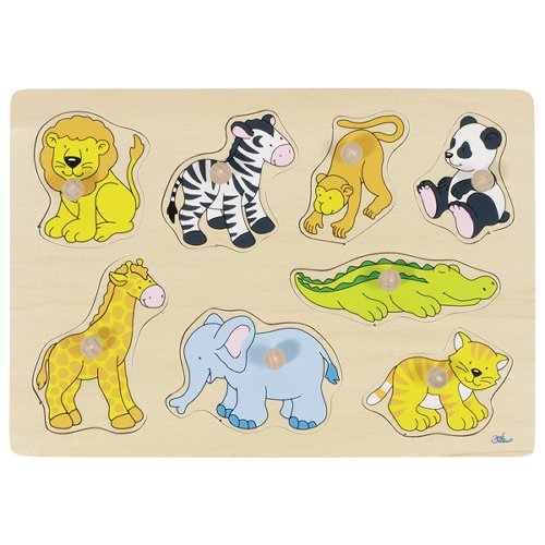 Wooden puzzle with colorful animal figures on a white background