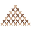 Wooden puzzle pieces arranged in a pyramid shape on a white background