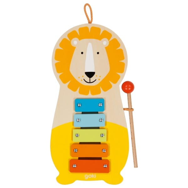 Colorful lion-shaped xylophone toy with a mallet on a white background