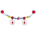 Colorful baby teething toy with beads and rings on a white background