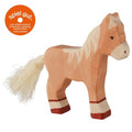 Wooden horse toy with 'spiel gut' logo on a white background