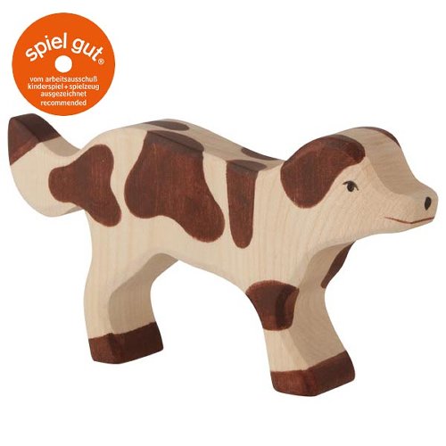 Wooden cow toy with 'spiel gut' logo on a white background