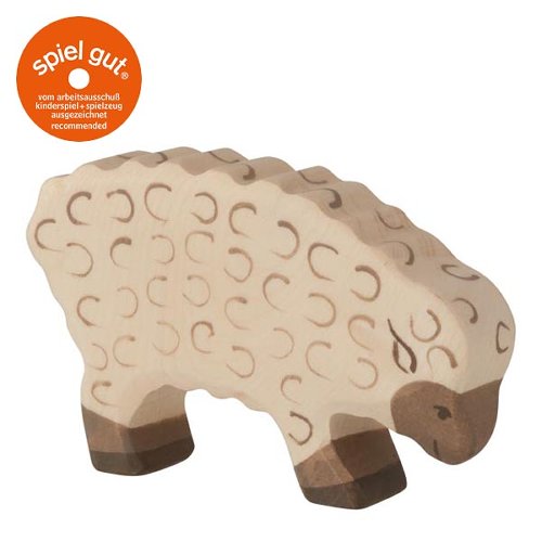 Wooden sheep toy with puzzle pieces on a white background, featuring the 'spiel gut' logo.