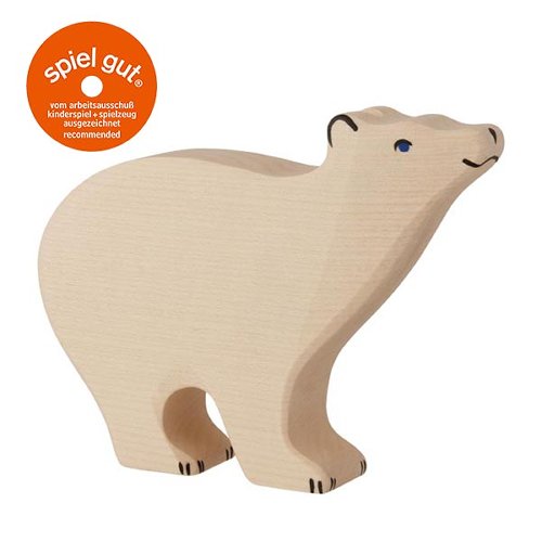 Wooden polar bear toy with 'spiel gut' logo on a white background