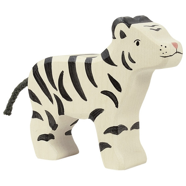 Wooden tiger toy with black stripes on a white background