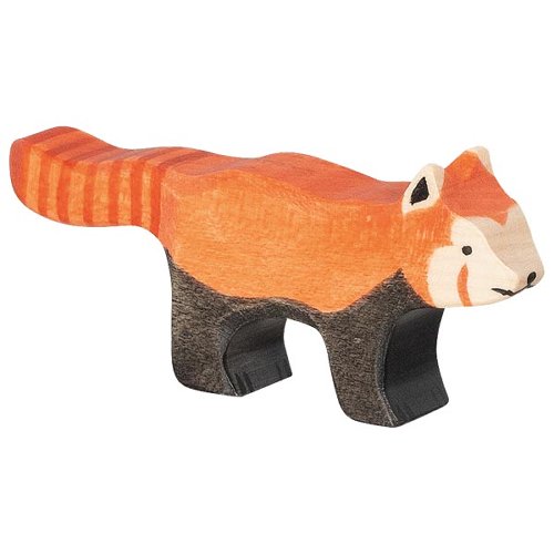 Wooden red panda toy figure on a white background