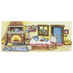 Illustration of a cozy kitchen with a fireplace, table, and various items.