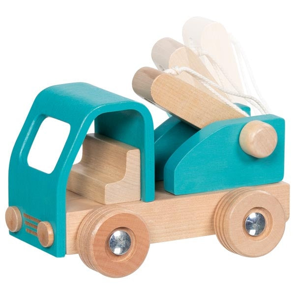 Wooden toy truck with a teal bed and wooden wheels on a white background