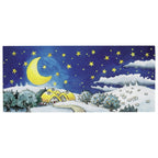 Scenic winter landscape with a house, trees, and a crescent moon under a starry sky.