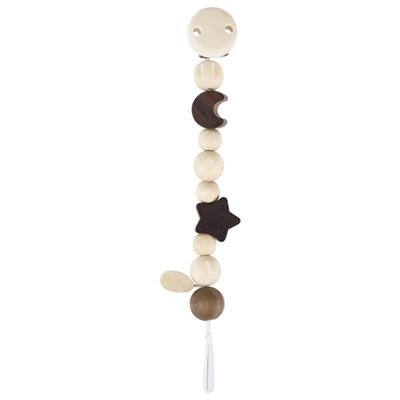 Decorative pacifier clip with wooden beads on a white background